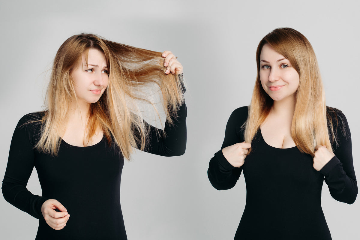 Collage de antes y después de un tratamiento capilar en salón de belleza